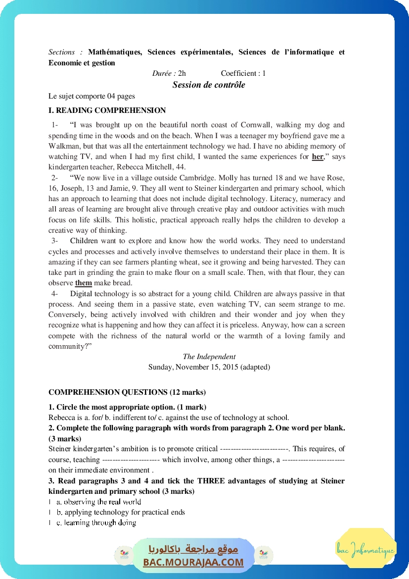 Corrigé controle anglais Bac 2017 – Section info